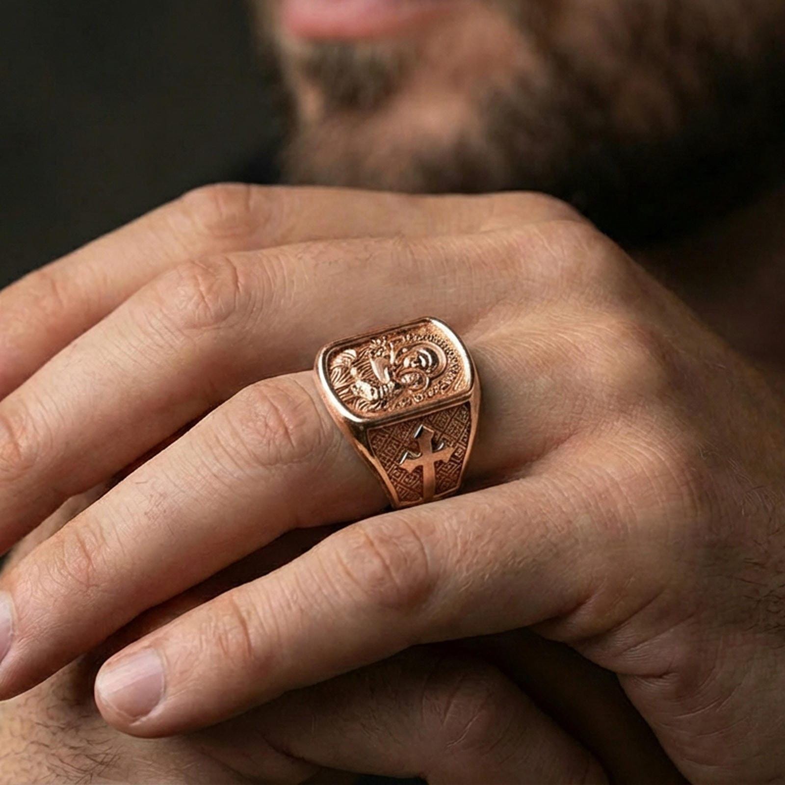 Rose gold plated Saint Anthony signet ring worn on finger, Saint Anthony relief with cross details, religious signet ring gift