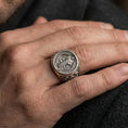 Load image into Gallery viewer, Oxidized 925 sterling silver St Benedict medal signet ring worn on finger, Latin prayer seal design, Catholic protection jewelry
