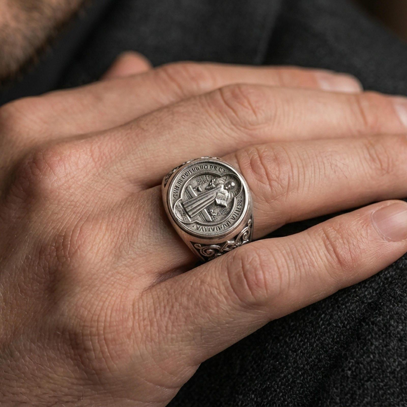 Oxidized 925 sterling silver St Benedict medal signet ring worn on finger, Latin prayer seal design, Catholic protection jewelry
