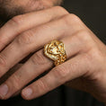 Load image into Gallery viewer, Gold plated heraldic cross shield ring worn on finger, vintage crest signet ring with ornate cross and engraved sides
