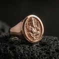 Load image into Gallery viewer, Rose gold plated Ganesha signet ring on volcanic stone, Hindu elephant god engraving with antique texture and thick signet profile

