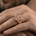 Load image into Gallery viewer, Rose gold plated Hanuman signet ring worn on finger, octagon signet face with Hanuman engraving and textured background
