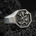Load image into Gallery viewer, Oxidized 925 sterling silver Hanuman signet ring on volcanic rock, octagon face with detailed relief and textured background

