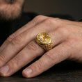 Load image into Gallery viewer, Gold plated Good Shepherd signet ring worn on finger, religious statement ring with Jesus holding lamb relief and smooth band
