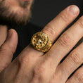 Load image into Gallery viewer, Gold plated Jesus ring worn on finger, crown of thorns portrait statement ring with premium shine and solid build
