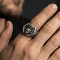 Load image into Gallery viewer, Oxidized 925 sterling silver Jesus ring worn on finger, crown of thorns portrait relief with dark antique finish
