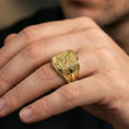 Load image into Gallery viewer, Gold plated Archangel Michael ring worn on finger, Saint Michael slaying demon relief with strong statement profile
