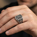 Load image into Gallery viewer, Oxidized 925 sterling silver Archangel Michael ring worn on finger, Michael conquers evil relief with cross side panel
