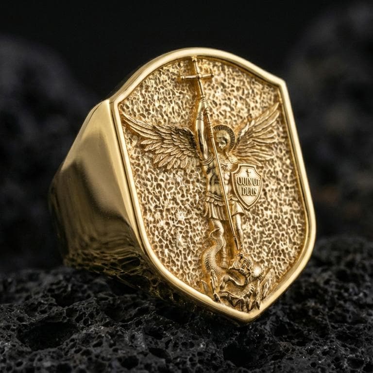 Gold plated Saint Michael ring on dark volcanic rock, winged Archangel with spear and “Quis ut Deus” emblem