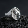 Load image into Gallery viewer, Polished silver Pope portrait ring on porous volcanic stone, detailed papal profile relief signet design
