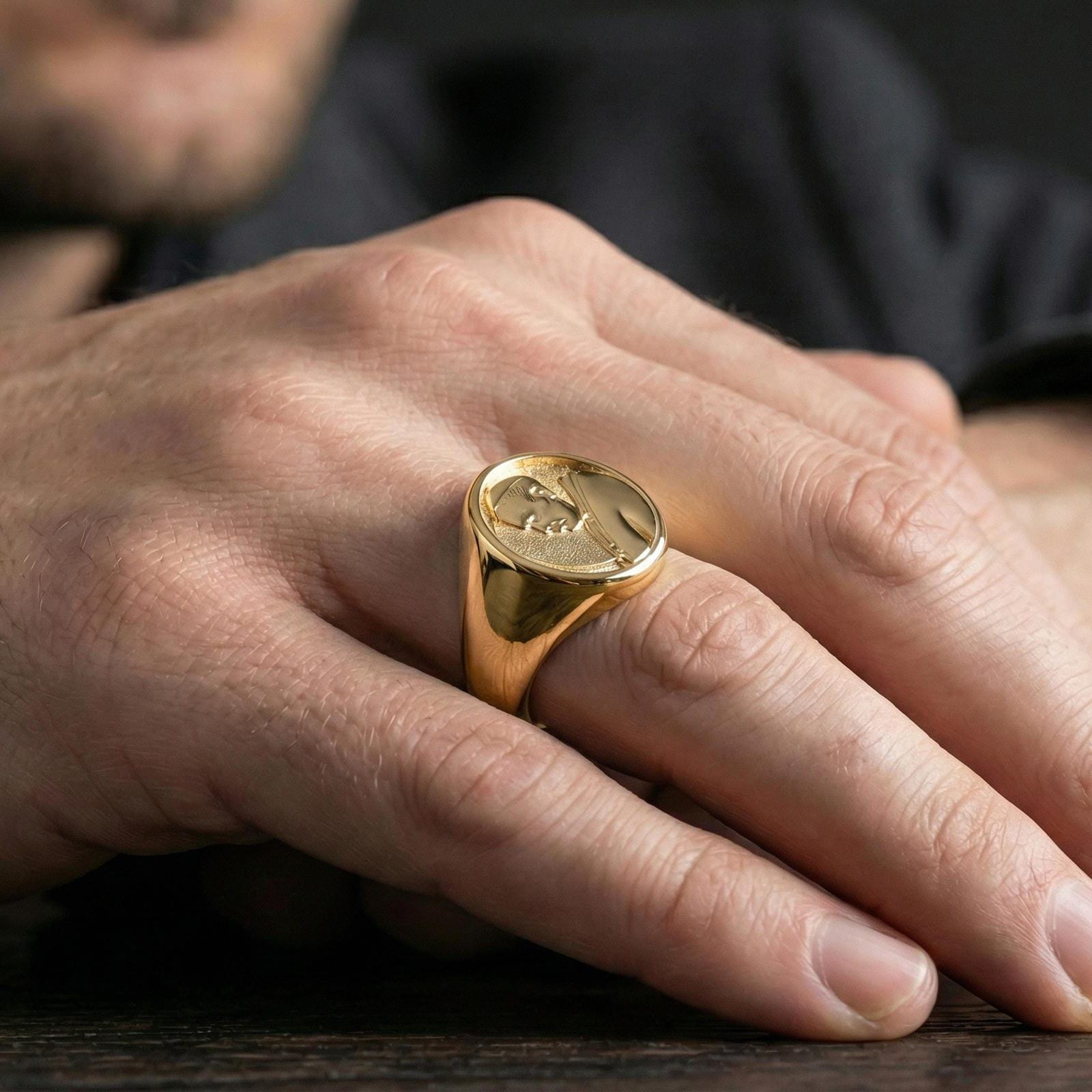 Gold plated Pope portrait signet ring worn on finger, Catholic faith medallion ring with oval face