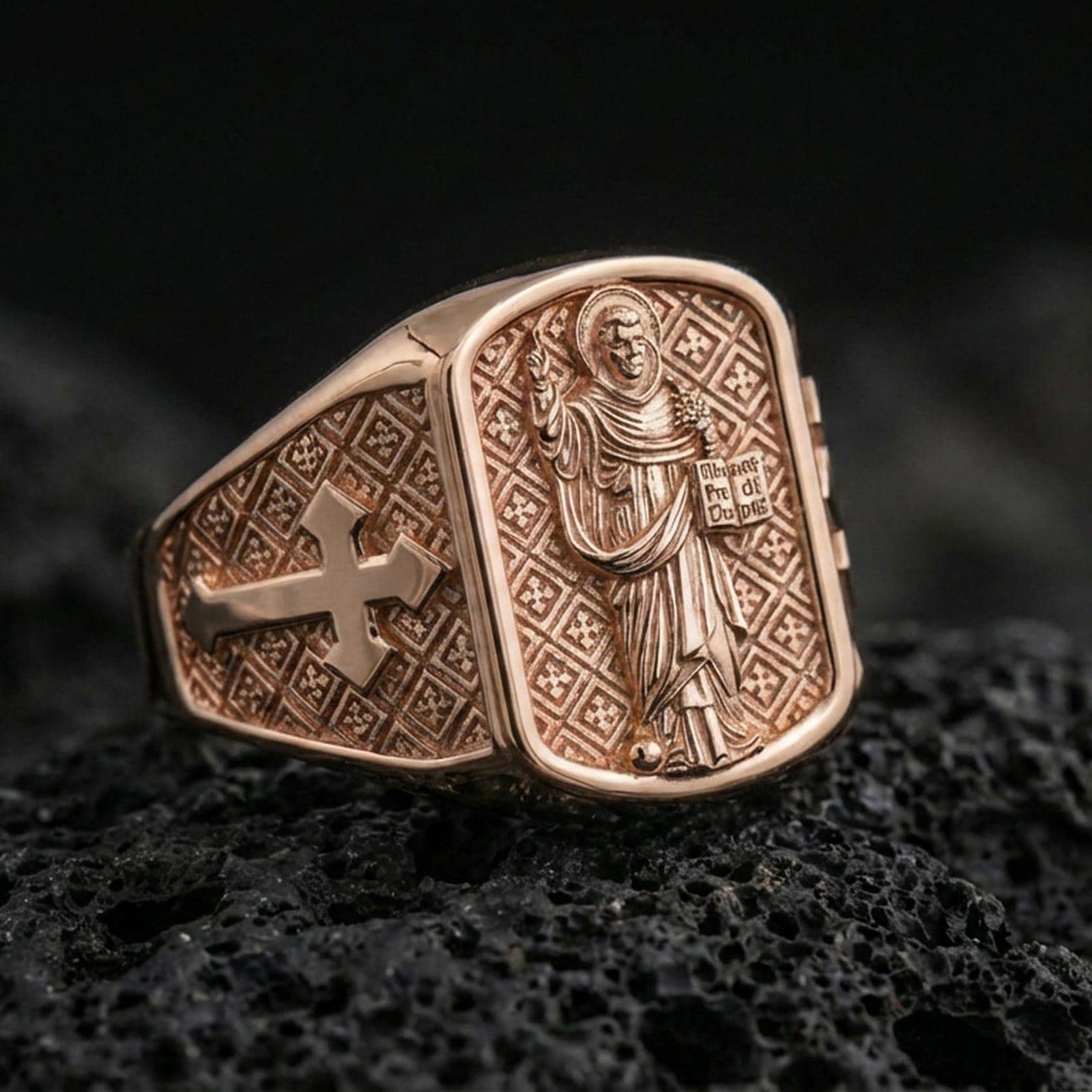 Rose gold plated Saint Dominic ring on volcanic stone, Catholic saint portrait signet with cross motif shoulder