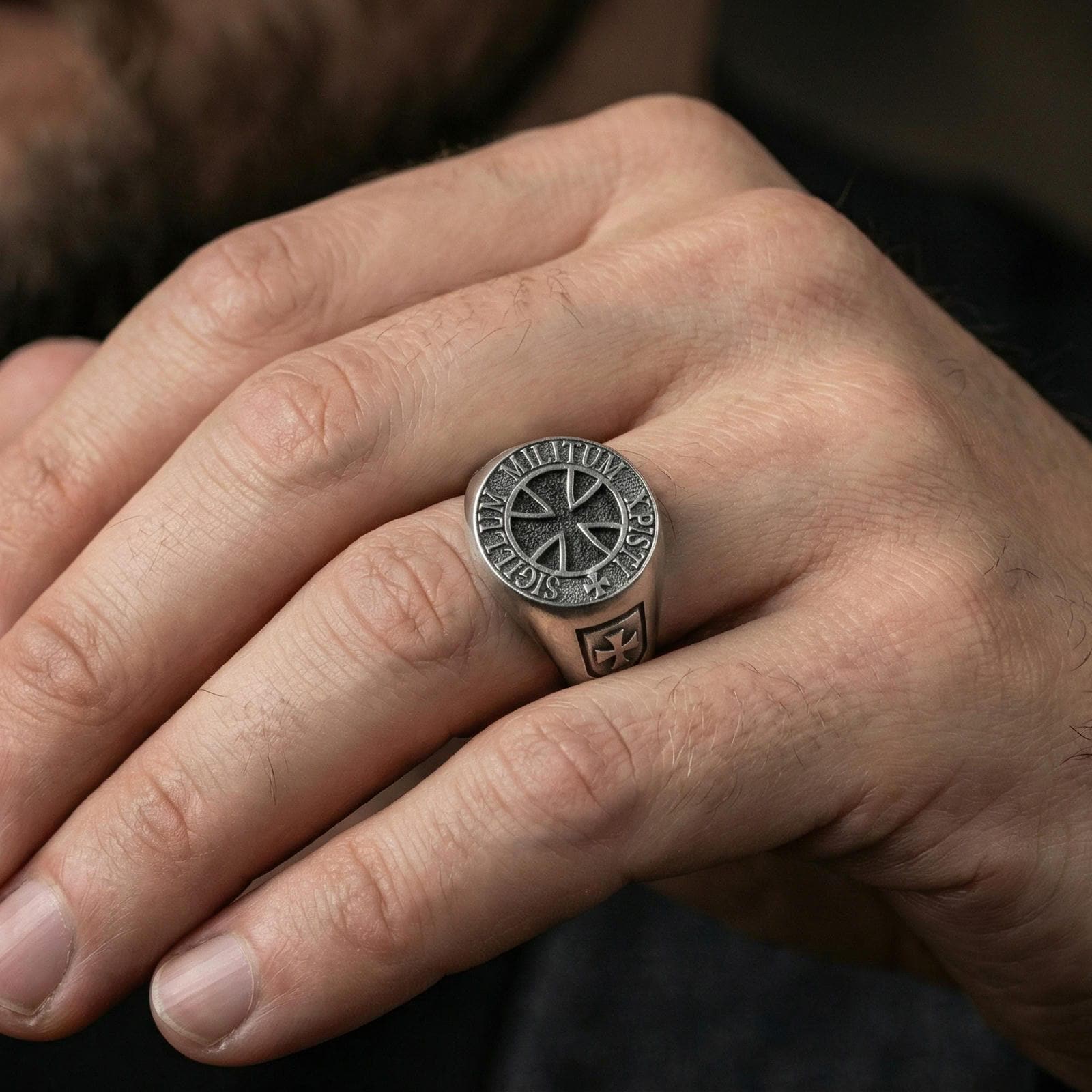 Oxidized 925 sterling silver Knights Templar signet ring worn on finger, Sigillum Militum Xpisti seal cross