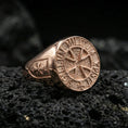 Load image into Gallery viewer, Rose gold plated Knights Templar ring on volcanic stone, templar seal signet with cross and Latin inscription
