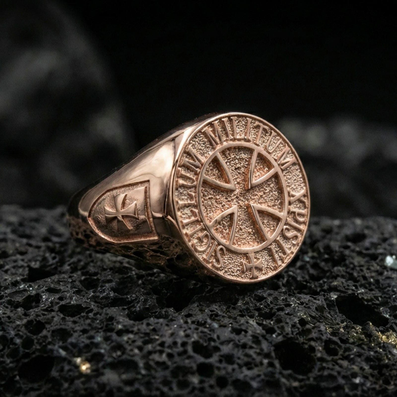 Rose gold plated Knights Templar ring on volcanic stone, templar seal signet with cross and Latin inscription