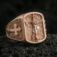 Load image into Gallery viewer, Rose gold plated Saint Michael signet ring on volcanic stone, archangel protection design with cross side panel
