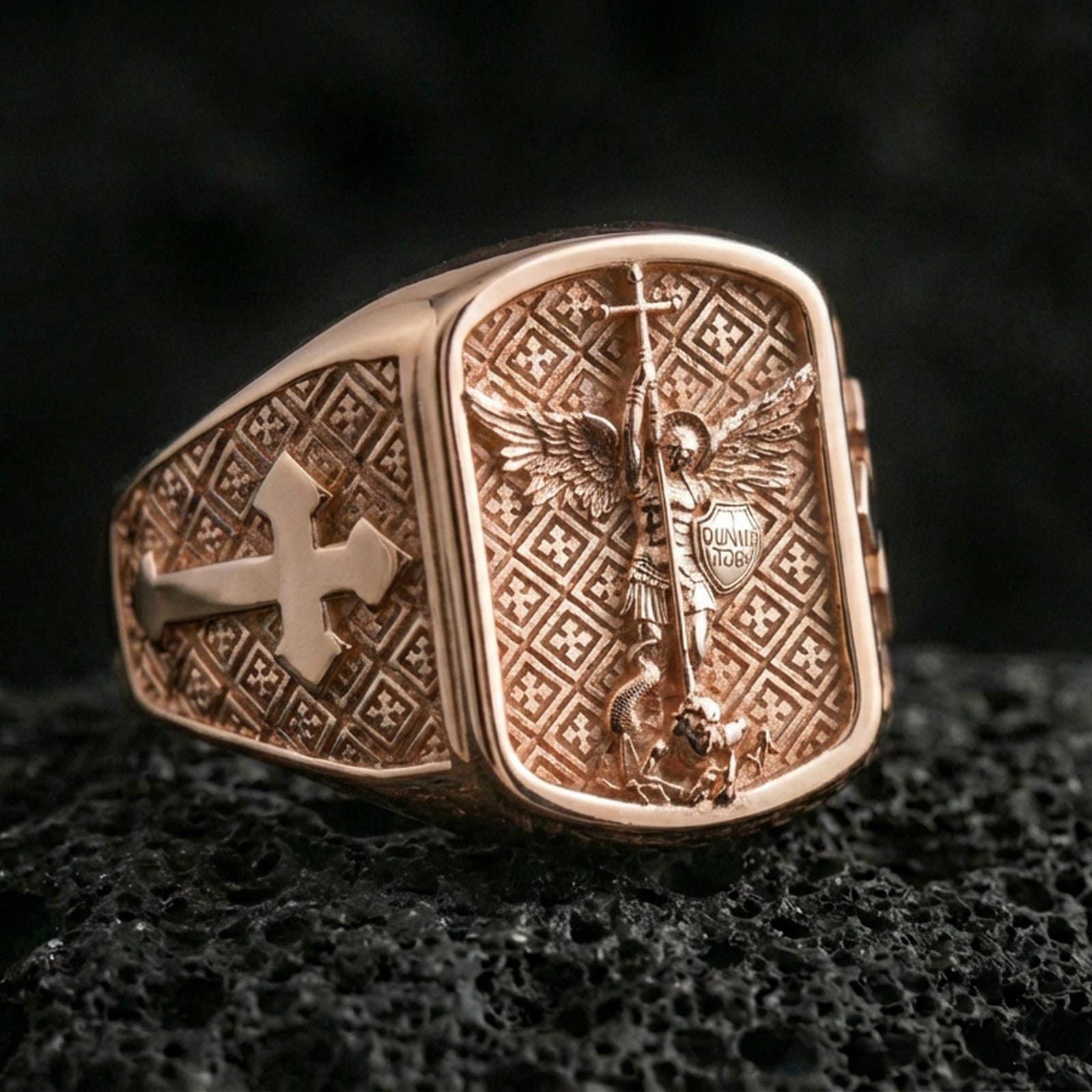 Rose gold plated Saint Michael signet ring on volcanic stone, archangel protection design with cross side panel