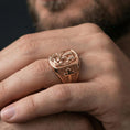 Load image into Gallery viewer, Rose gold plated Holy Family signet ring worn on finger, Holy Family portrait with cross side detail
