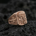 Load image into Gallery viewer, Rose gold plated Jesus of Nazareth ring on volcanic stone, Christ portrait relief with cross pattern band
