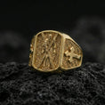 Load image into Gallery viewer, Gold plated Saint Andrew sterling silver ring on volcanic rock, saint engraving with cross band side panel
