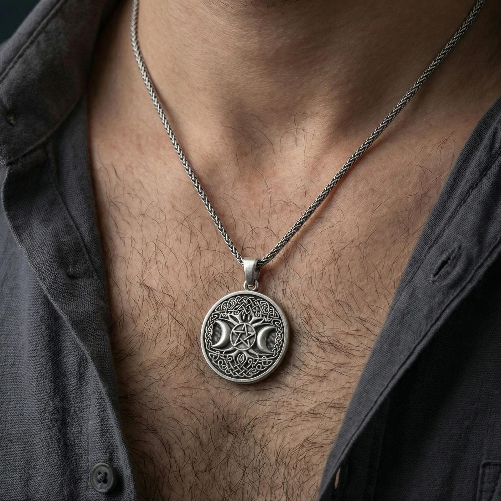 Oxidized 925 sterling silver triple moon pentagram pendant worn on neck, Celtic knot medallion with braided chain