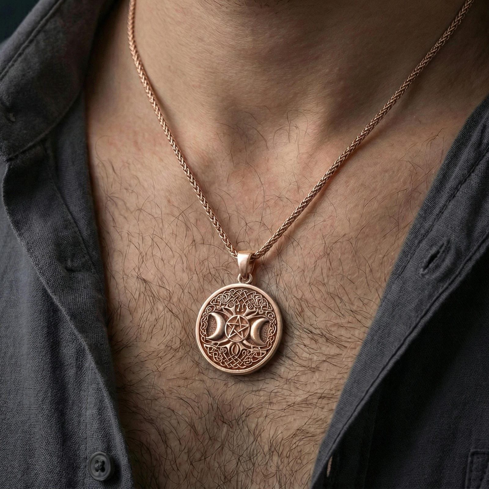 Rose gold plated triple moon pentagram necklace worn on neck, Celtic knot border medallion with pentacle