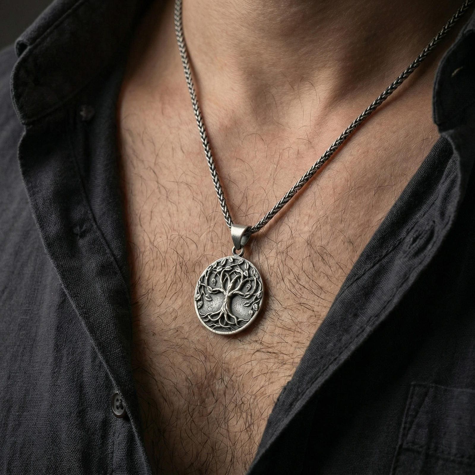 Oxidized 925 sterling silver Tree of Life pendant worn on neck, Yggdrasil medallion on braided chain