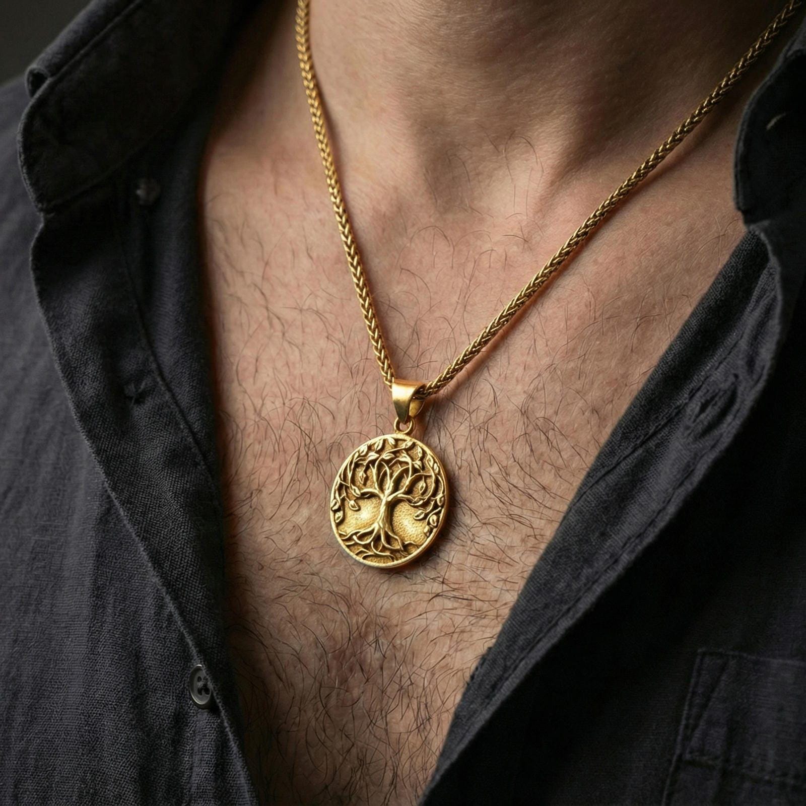 Gold plated Tree of Life pendant worn on neck, Yggdrasil medallion on braided chain