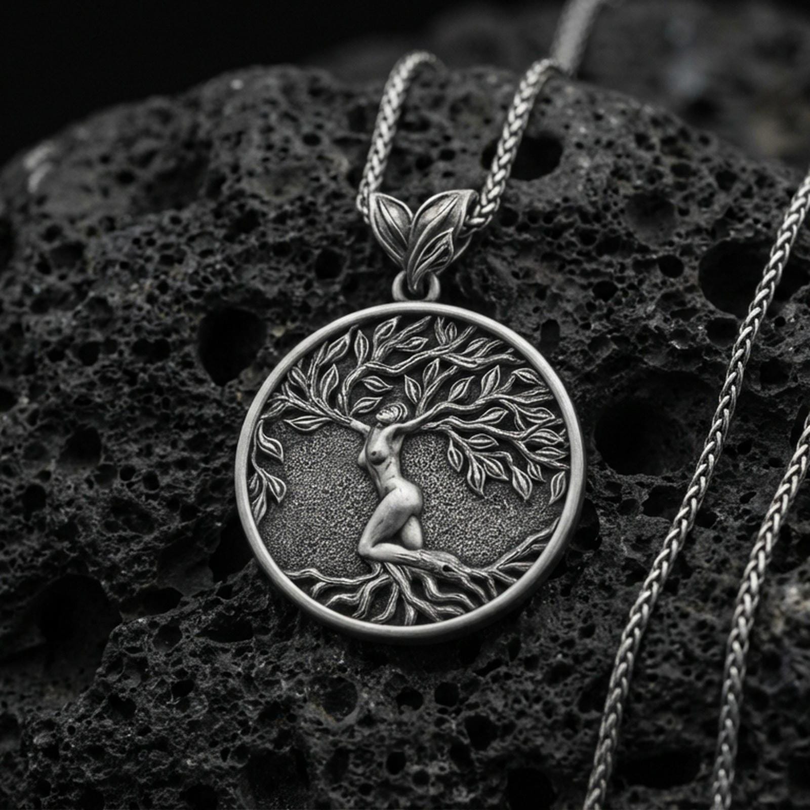 Oxidized 925 sterling silver Yggdrasil tree of life pendant on volcanic rock, Norse mythology circular medallion with braided chain