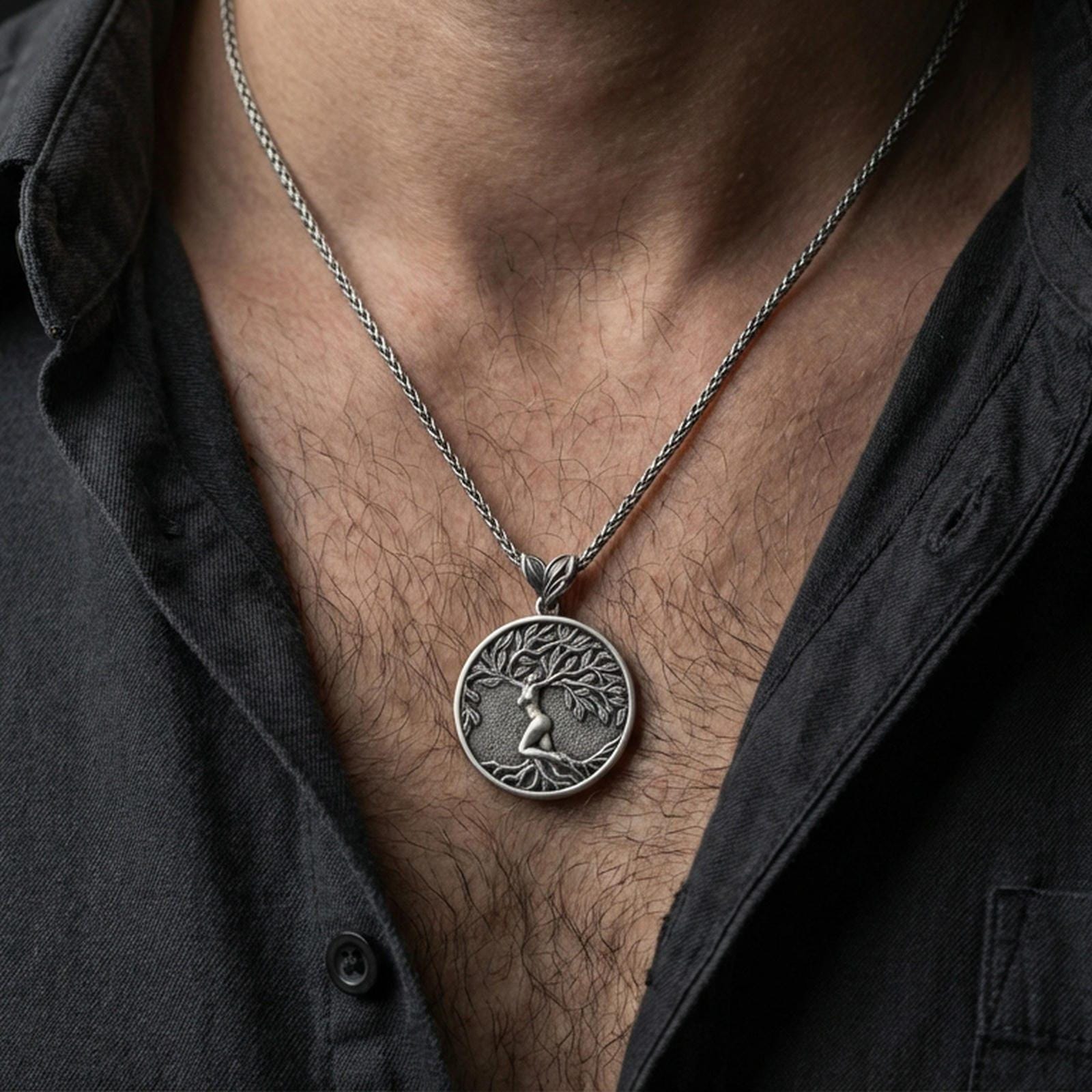 Oxidized 925 sterling silver Yggdrasil tree of life pendant worn on neck, Norse mythology round medallion on braided chain