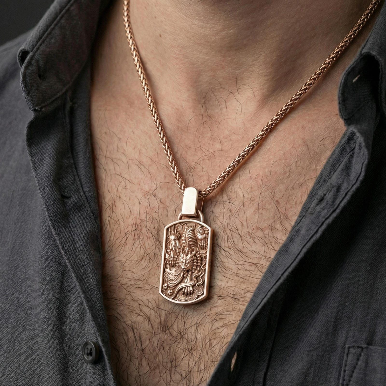 Rose gold plated foo dog dog tag pendant worn on neck, Chinese guardian lion talisman necklace on braided chain