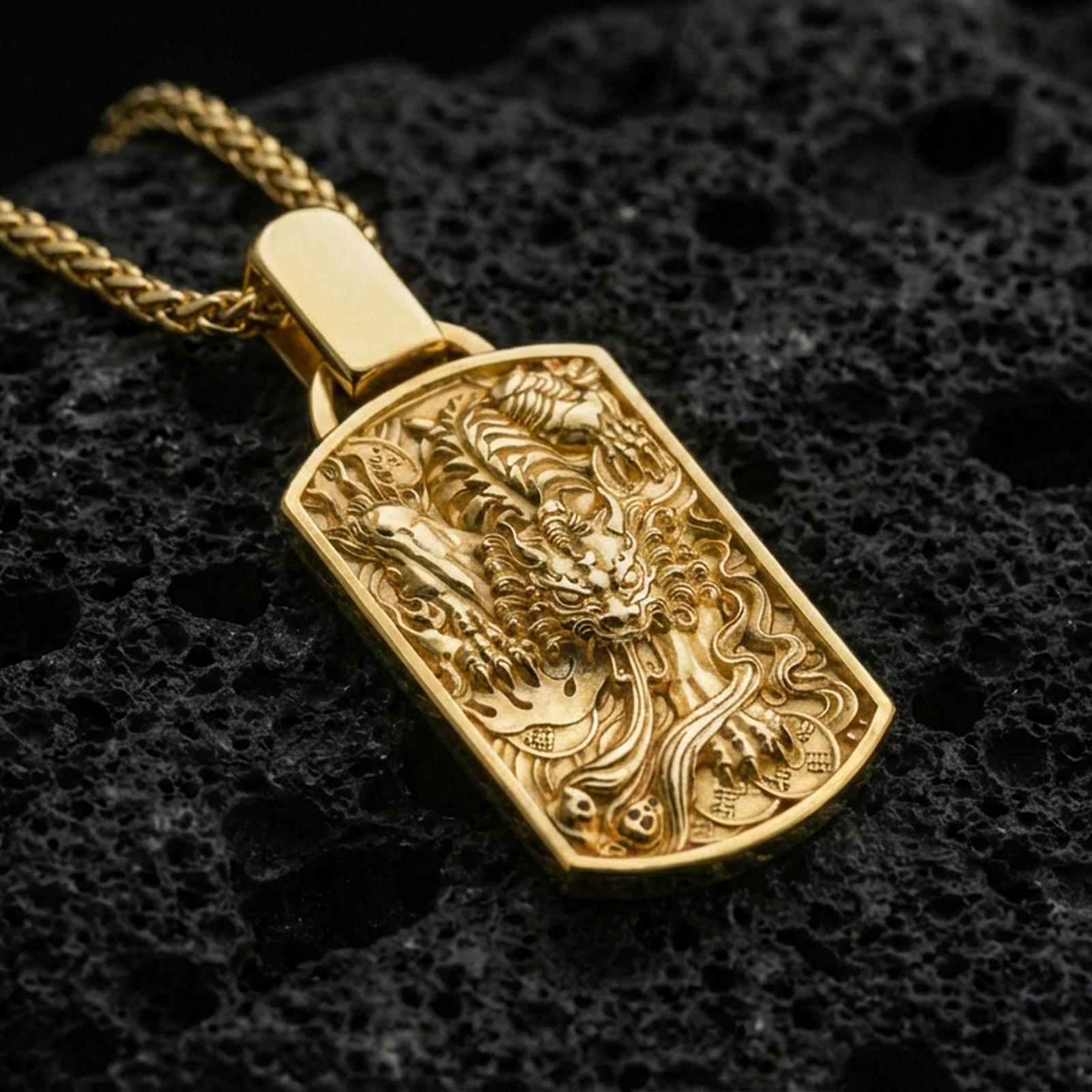 Gold plated foo dog pendant on volcanic rock, Chinese guardian lion dog tag necklace with bold relief and braided chain