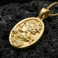 Load image into Gallery viewer, Gold plated Persephone pomegranate pendant on volcanic rock, Greek goddess mythology oval medallion necklace with floral details
