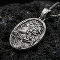 Load image into Gallery viewer, Oxidized 925 sterling silver Persephone pomegranate pendant on volcanic rock, Greek goddess profile oval medallion necklace
