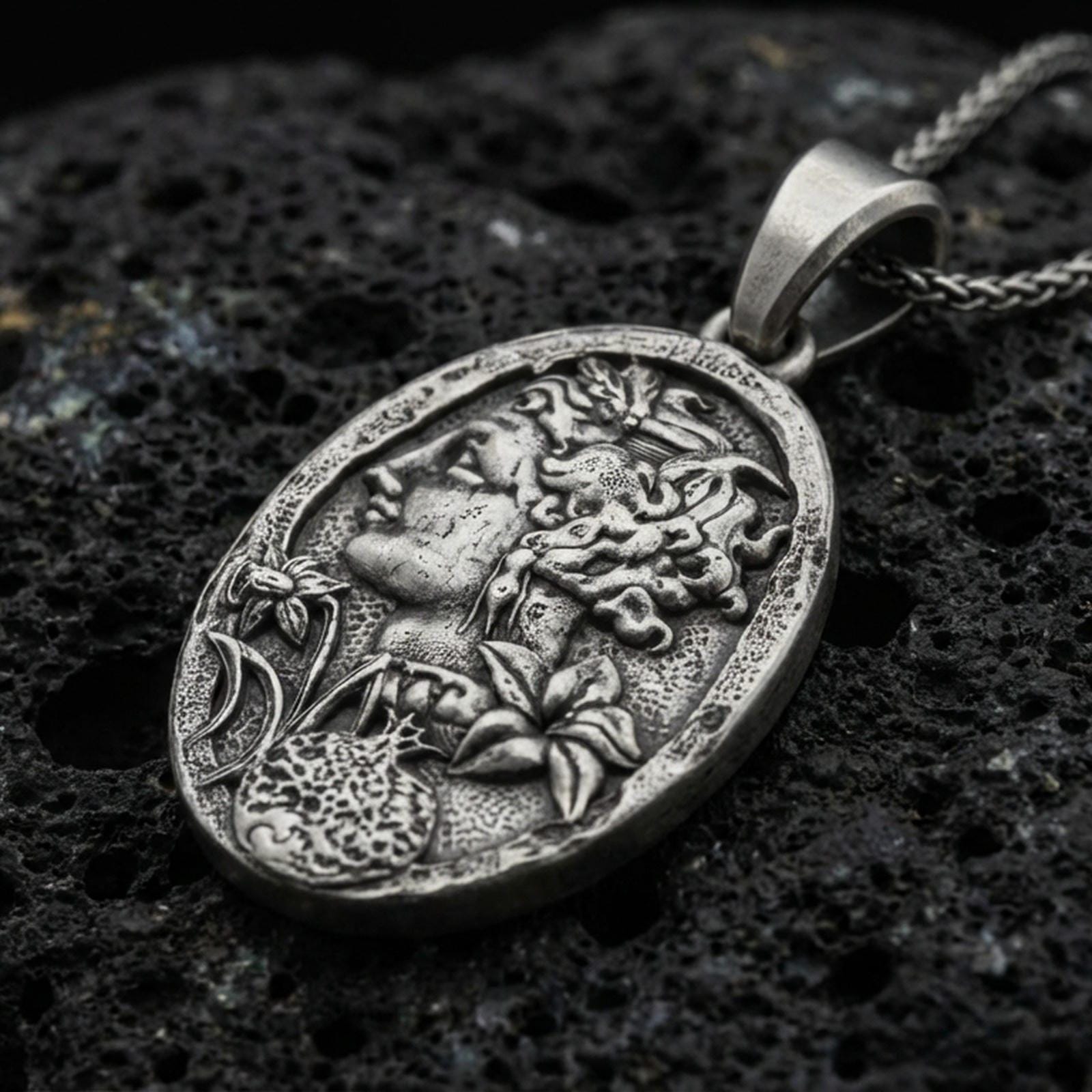 Oxidized 925 sterling silver Persephone pomegranate pendant on volcanic rock, Greek goddess profile oval medallion necklace