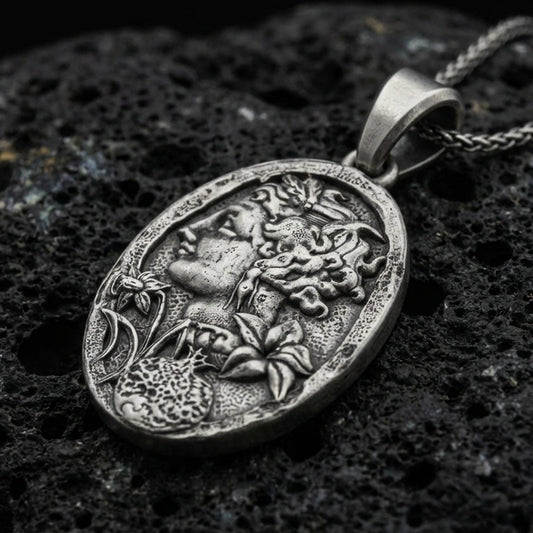 Oxidized 925 sterling silver Persephone pomegranate pendant on volcanic rock, Greek goddess profile oval medallion necklace