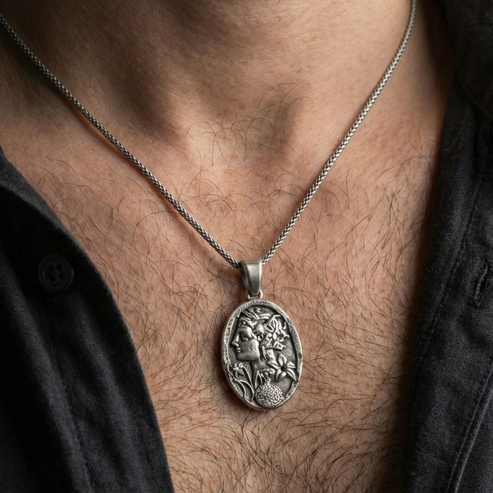 Oxidized 925 sterling silver Persephone pomegranate pendant worn on neck, Greek goddess profile oval medallion necklace