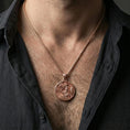 Load image into Gallery viewer, Rose gold plated Athena coin pendant worn on neck, Greek mythology Athena medallion necklace with spear and shield motif
