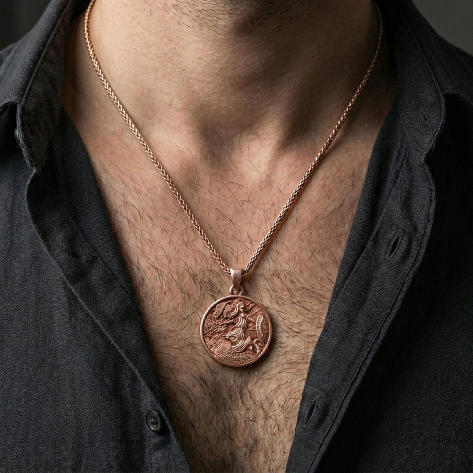 Rose gold plated Athena coin pendant worn on neck, Greek mythology Athena medallion necklace with spear and shield motif