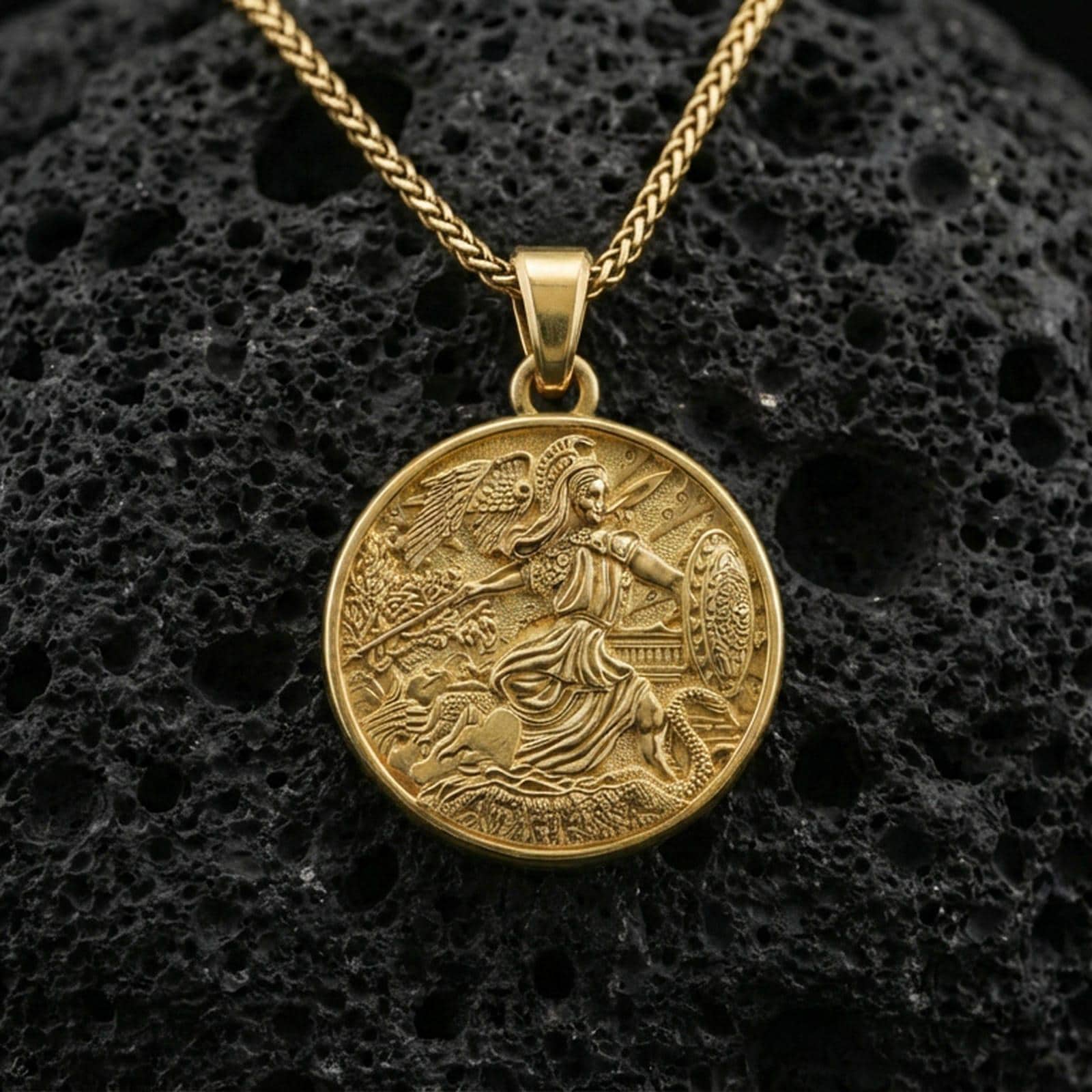 Gold plated Athena pendant on volcanic rock, Greek mythology warrior goddess coin medallion necklace with helmet and shield