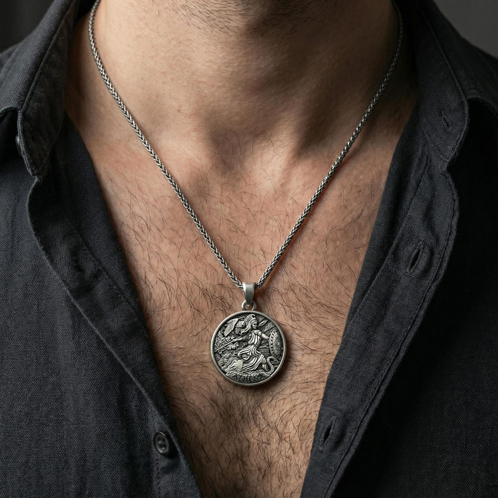Oxidized 925 sterling silver Athena pendant worn on neck, Greek goddess warrior coin medallion necklace with helmet and spear