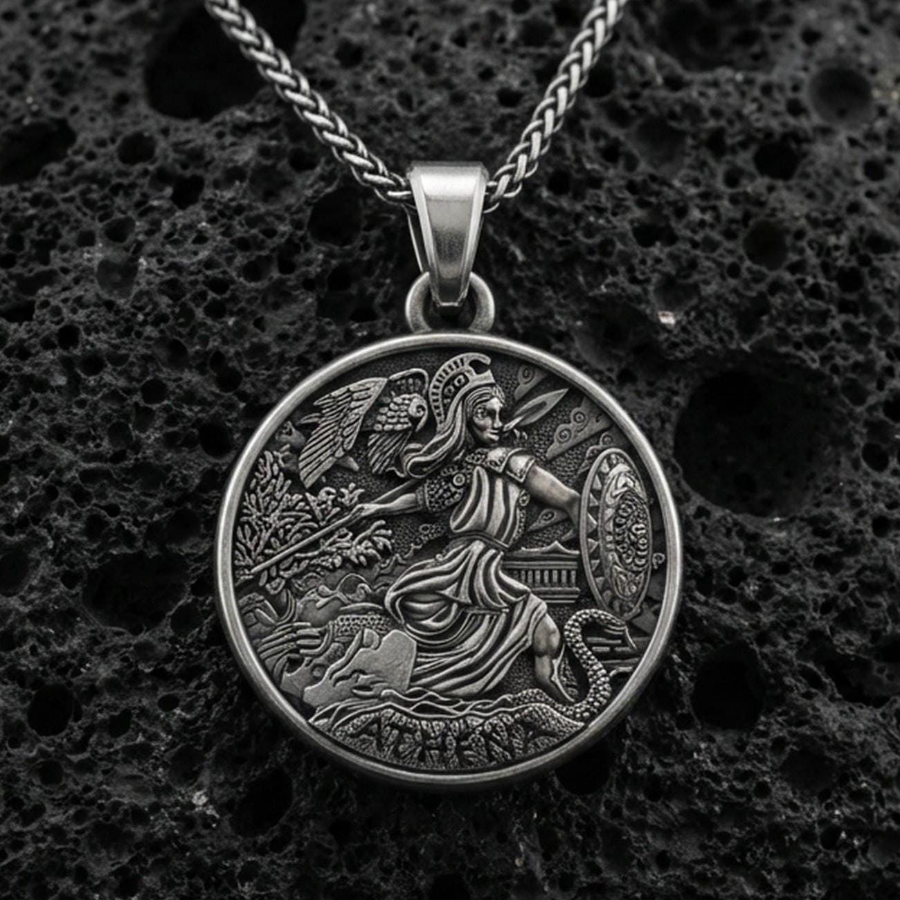 Oxidized 925 sterling silver Athena pendant on volcanic rock, Greek goddess warrior coin medallion necklace with helmet and spear
