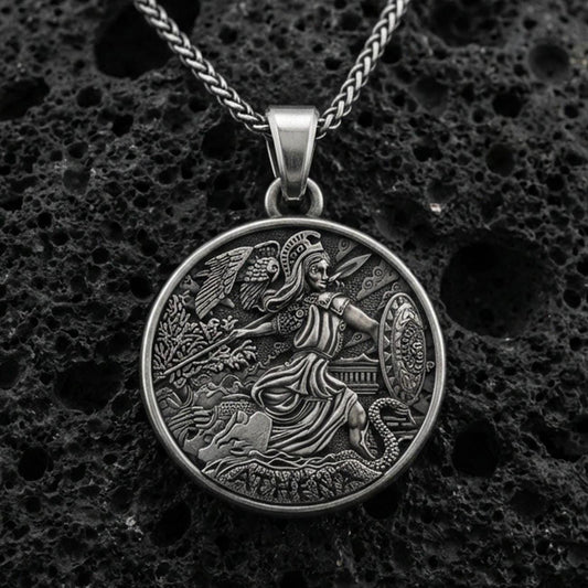 Oxidized 925 sterling silver Athena pendant on volcanic rock, Greek goddess warrior coin medallion necklace with helmet and spear