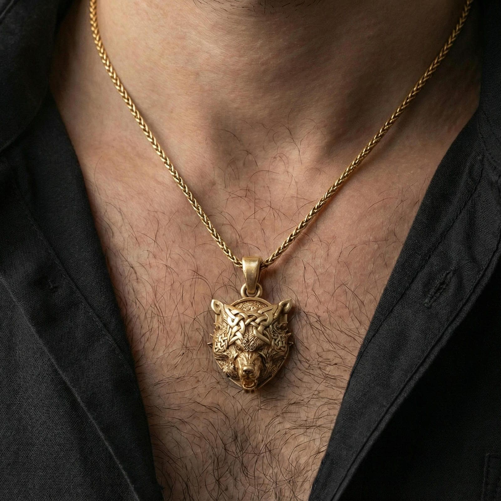 Gold plated Fenrir wolf pendant necklace worn on neck, Norse mythology Fenrir wolf head with Celtic knotwork design