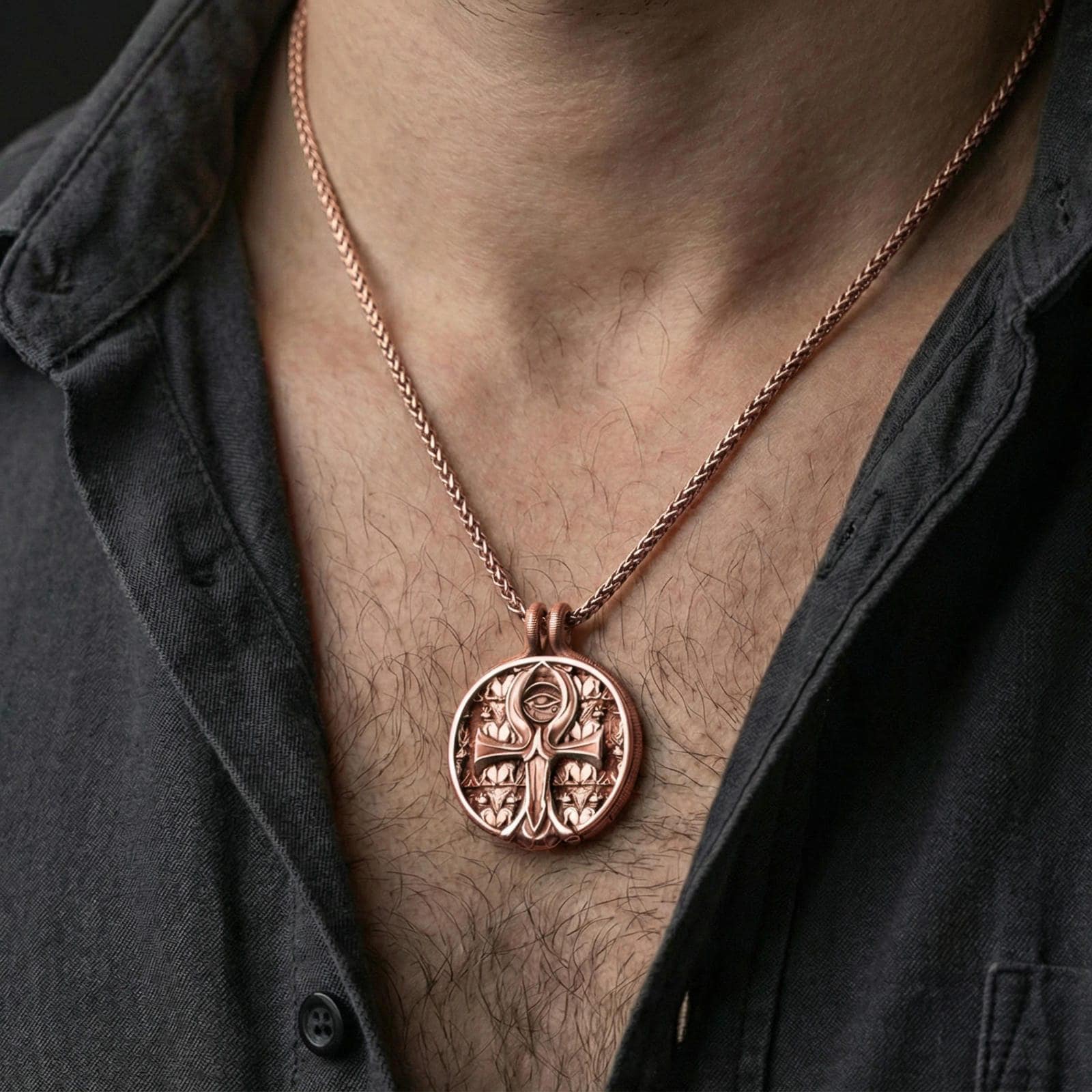 Rose gold plated ankh medallion worn on neck, Eye of Providence ankh pendant with Egyptian symbolism and detailed relief pattern