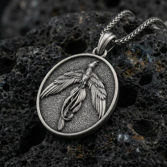 Oxidized 925 sterling silver phoenix pendant on volcanic rock, rising bird medallion necklace with detailed feather relief