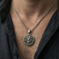 Load image into Gallery viewer, Oxidized 925 sterling silver medusa coin pendant worn on neck, greek mythology gorgon necklace statement piece

