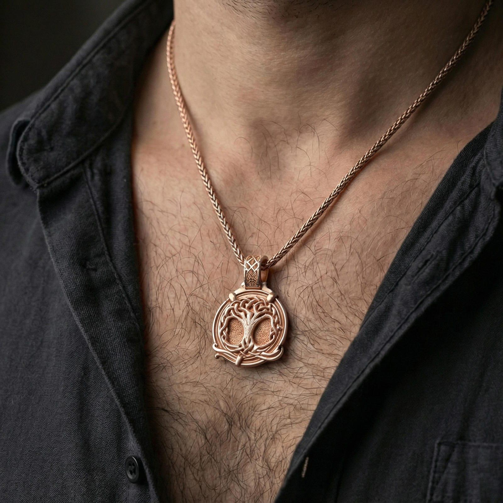 Rose gold plated yggdrasil tree of life pendant worn on neck, elegant norse mythology necklace with detailed knotwork