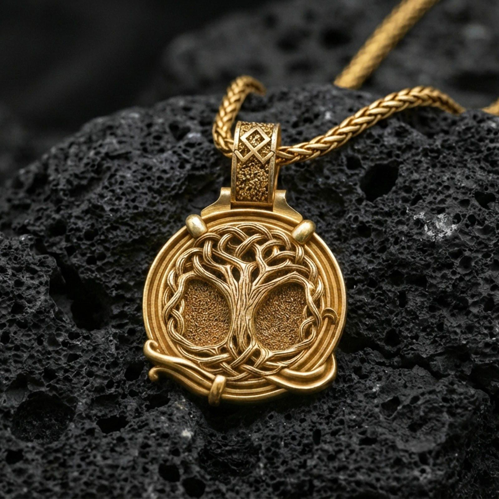 Gold plated yggdrasil tree of life pendant on volcanic rock, viking norse necklace with intricate knotwork frame
