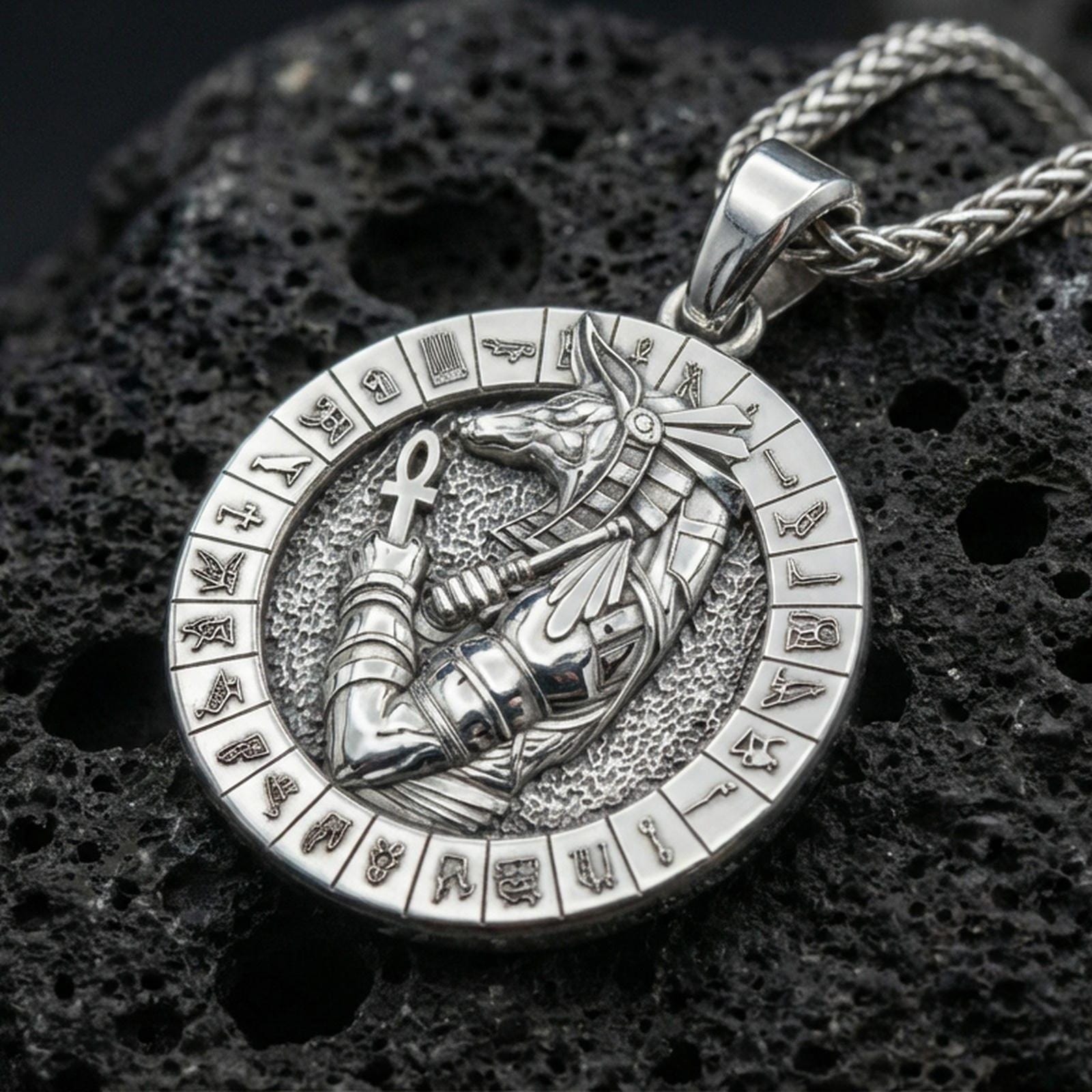 Polished silver Anubis necklace on porous volcanic stone, detailed Egyptian jackal god pendant with carved symbols